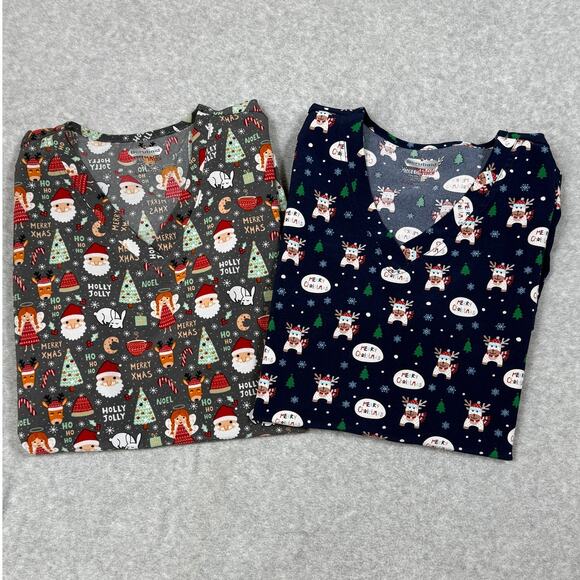 Lot Of 2 Scrubaid Womens Size L Christmas Print Scrub Tops - Picture 1 of 5